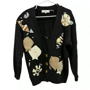 Vintage 80s 90s Tony Lambert Beach Shells Coastal Cardigan Sweater Ramie M